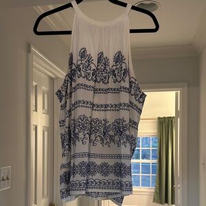 LOFT White and Blue Embroidered Blouse